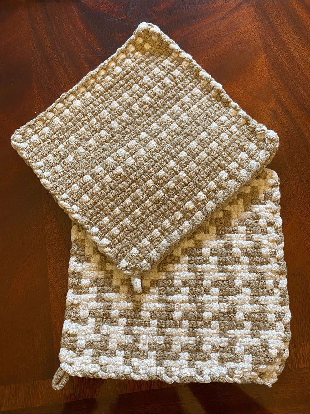 Handwoven 100% Cotton Pot Holders in Cream and Tan